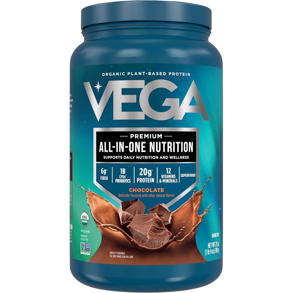 Vega Organic All-in-One Vegan Protein Powder Chocolate front view for plant based nutrition.