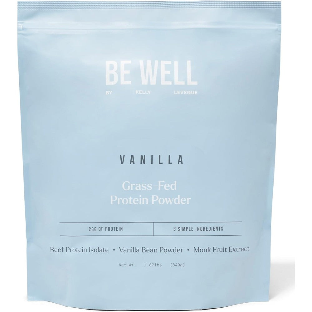 Be Well by Kelly Vanilla Grass Fed Beef Protein Powder front view for muscle recovery.