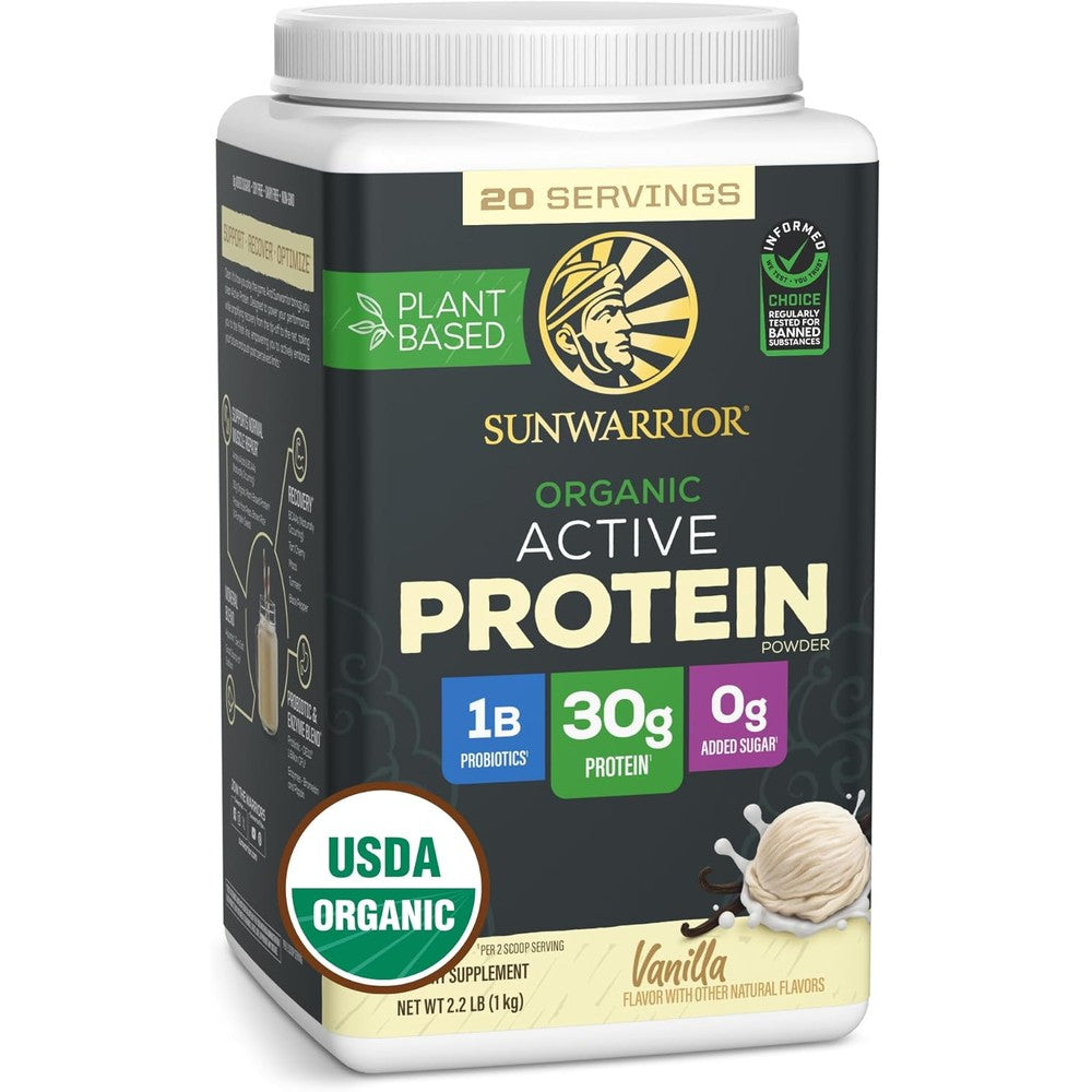 Sunwarrior Organic Active Protein Powder front view for vegan muscle recovery.
