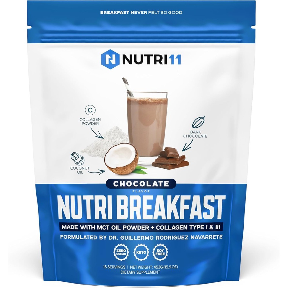 Nutri11 NutriBreakfast Chocolate front view of keto collagen tub.