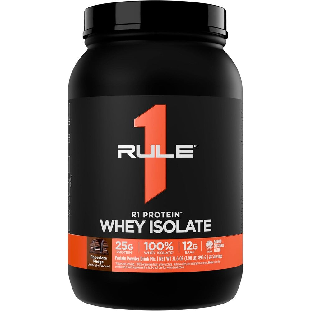 Rule 1 Proteins R1 Protein Whey Isolate Chocolate Fudge front view for muscle recovery
