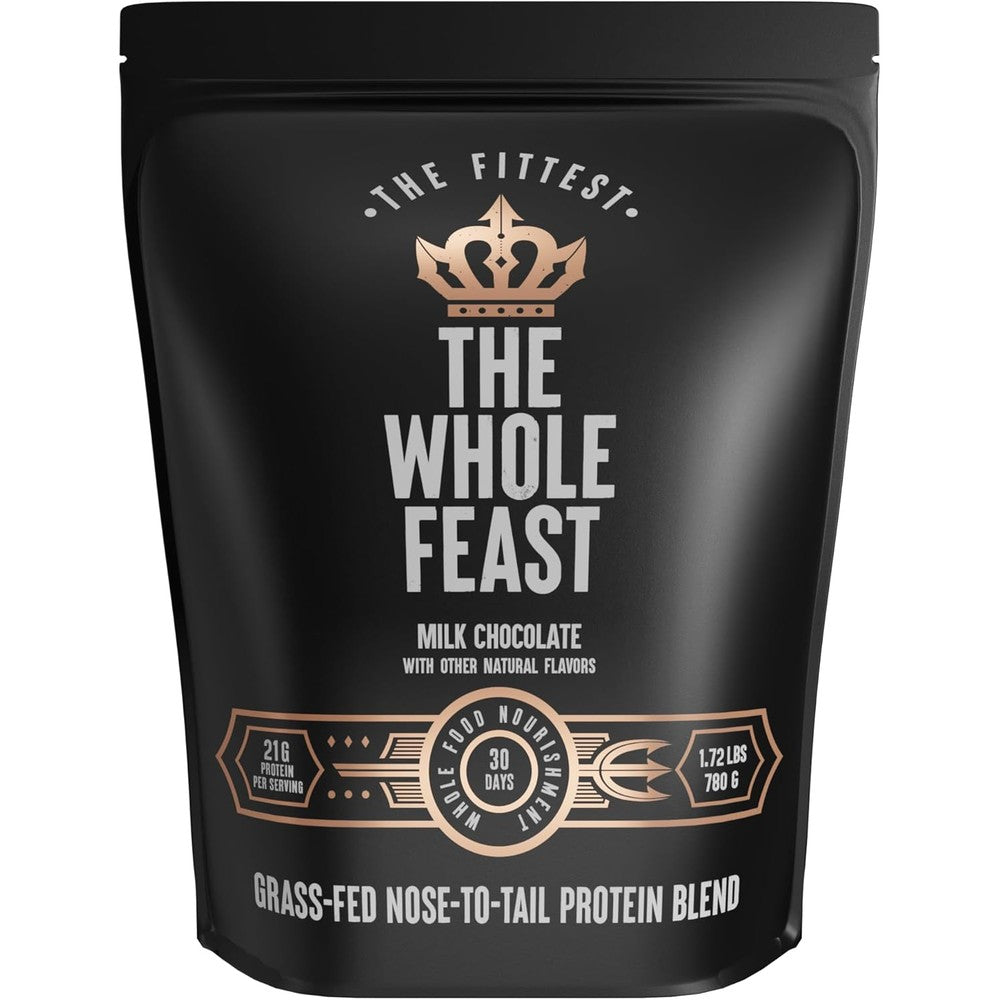 The Fittest Ever Whole Feast Beef Protein Milk Chocolate front view for muscle building.