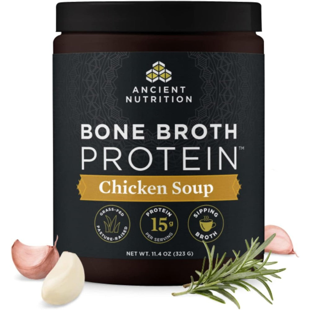Ancient Nutrition Bone Broth Protein Chicken Soup front view showing 15 grams protein label.