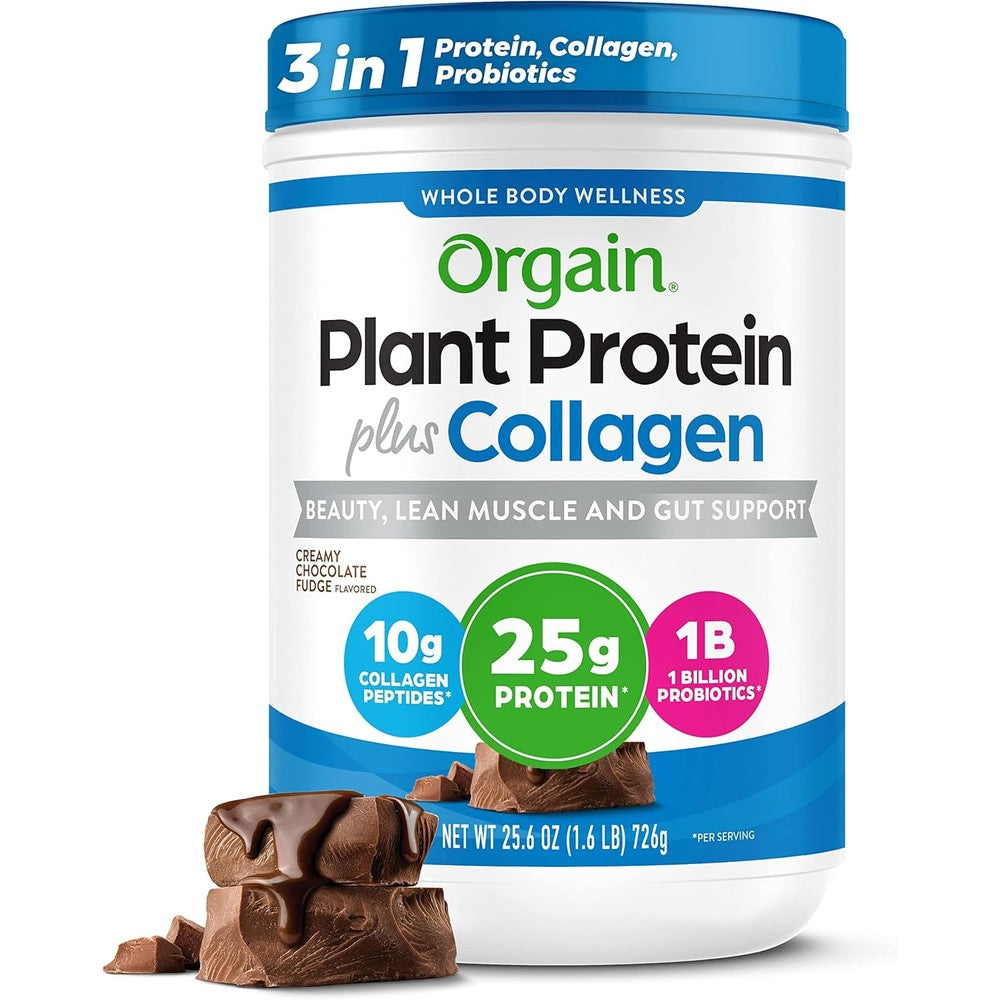 Orgain Protein Powder plus Collagen Creamy Chocolate Fudge front view tub