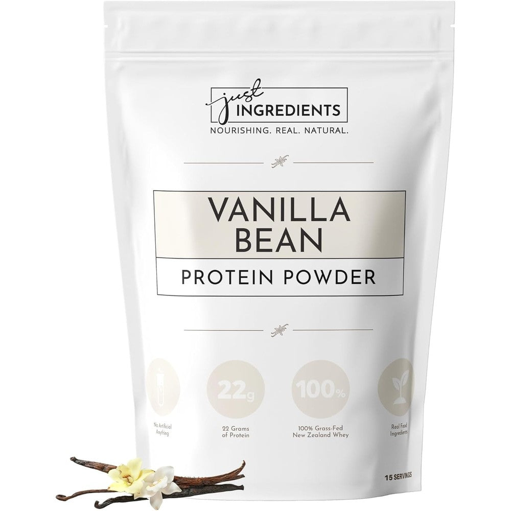 Just Ingredients Vanilla Bean Protein Powder front bag view for muscle recovery.