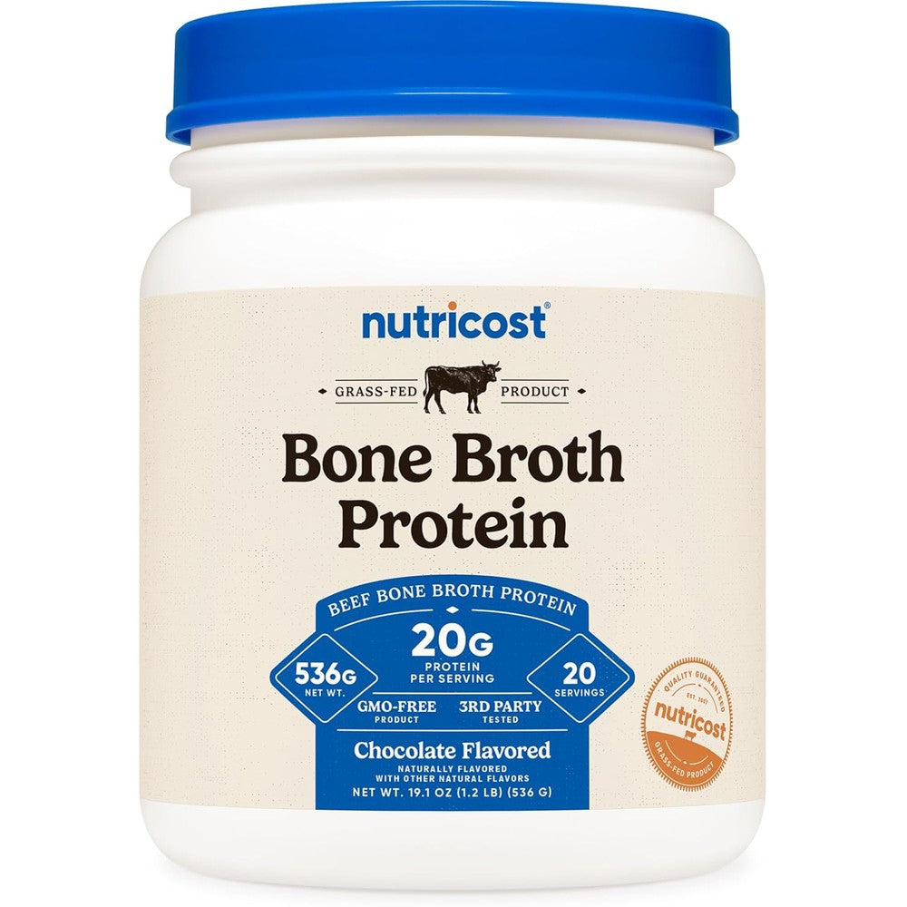 Nutricost Beef Bone Broth Protein Powder Chocolate front view package showing 20 grams protein label