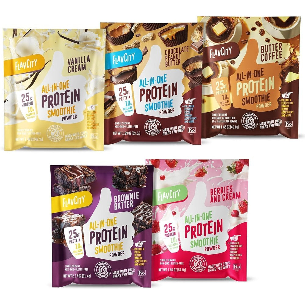 FlavCity Grass Fed Whey Protein Powder Variety Pack front view showing 5 single serve packets.