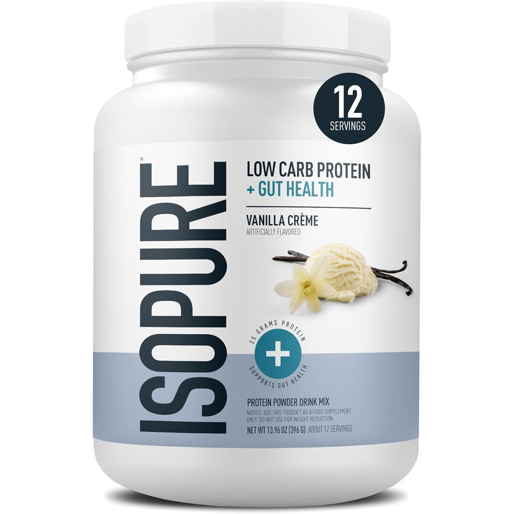 Isopure Protein + Gut Health Vanilla Creme tub front view authentic imported whey isolate
