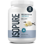 Isopure Protein + Gut Health Vanilla Creme tub front view authentic imported whey isolate