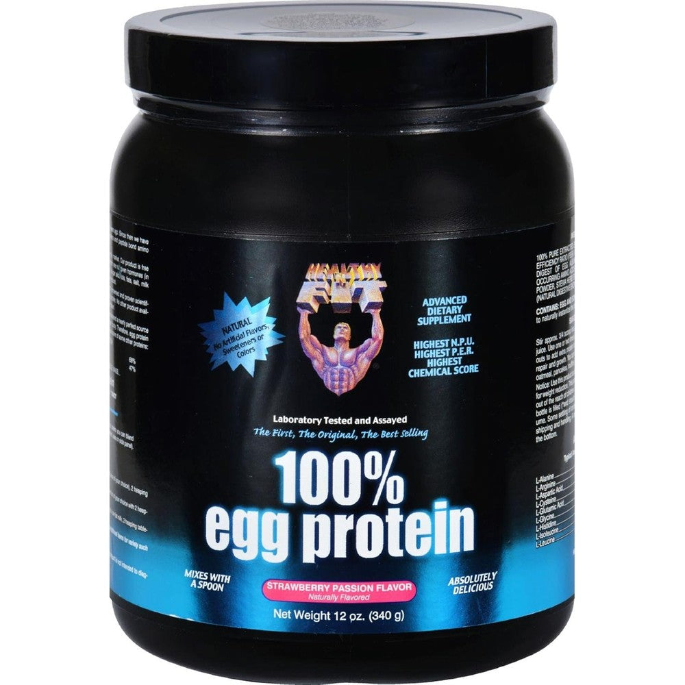 Healthy 'N Fit 100 Percent Egg Protein Strawberry Passion 12 Ounce powder tub front view for muscle recovery.