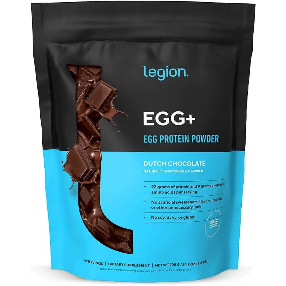 LEGION Egg+ Protein Powder Dutch Chocolate front view showing 22g protein label.