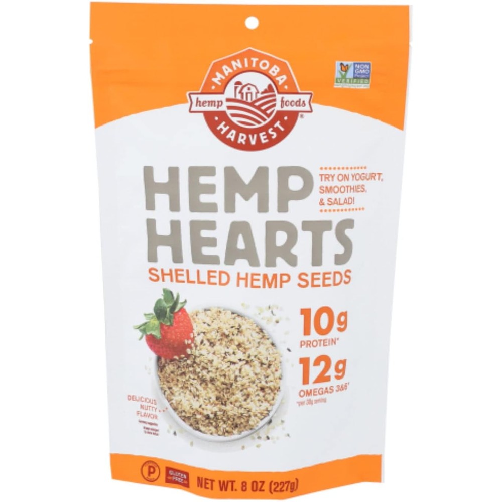 Manitoba Harvest Hemp Hearts 8 Ounce front packaging showing protein and omega content