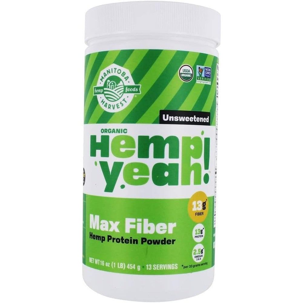 Manitoba Harvest Hemp Yeah Organic Max Fiber Protein Powder front view of 16 ounce tub.