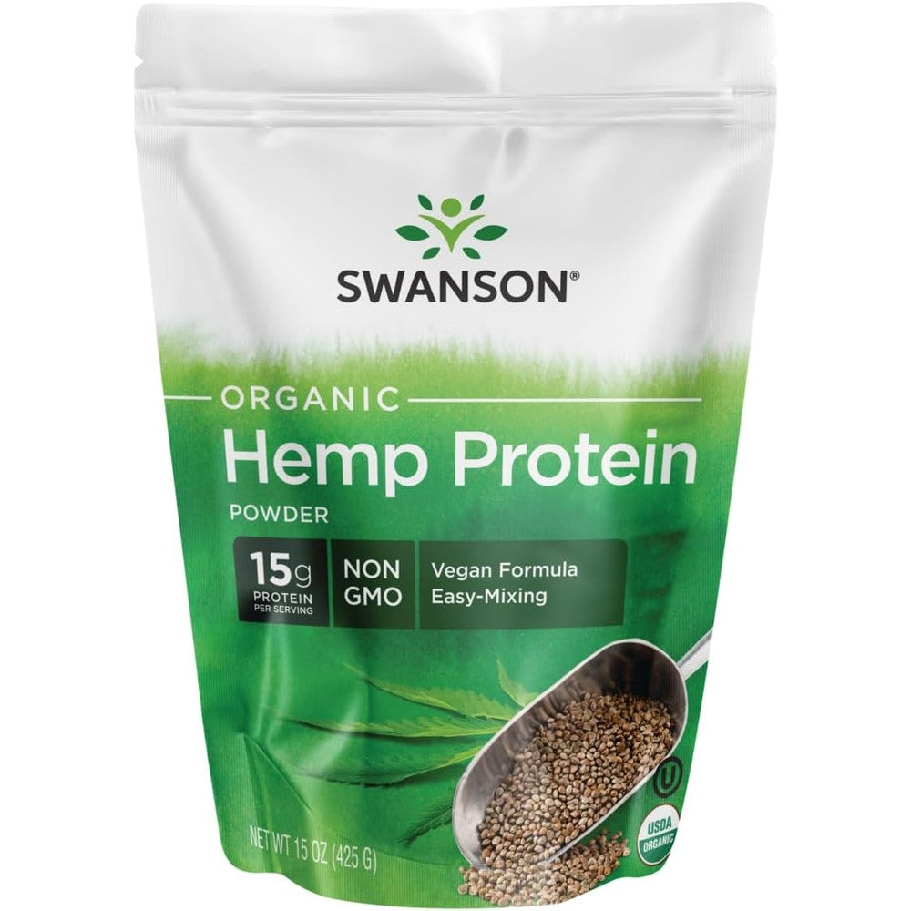 Swanson Certified Organic Hemp Protein Powder front view for plant-based nutrition.