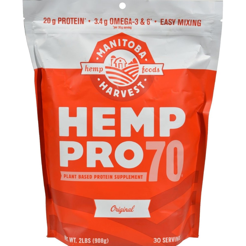 Manitoba Harvest Hemp Pro 70 32 Ounce front view of organic hemp protein powder bag for vegan muscle recovery.