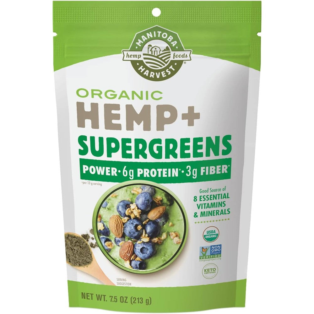 Manitoba Harvest Organic Hemp and Supergreens Powder front packaging showing protein and fiber content.