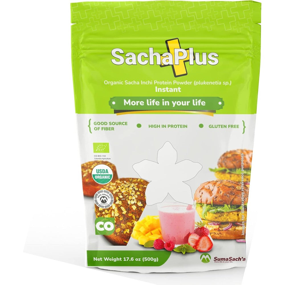 International SumaSach'a Organic Sacha Inchi Protein Powder front view of 500g container.