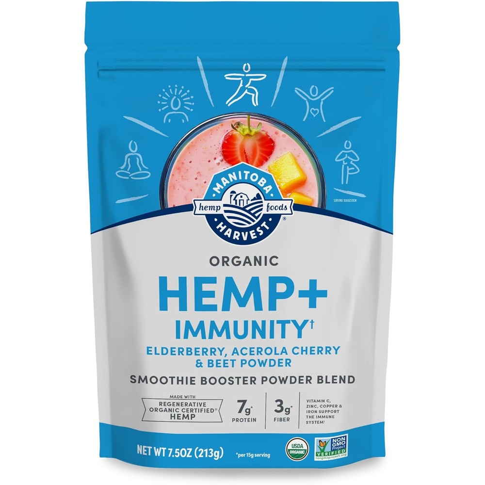 Manitoba Harvest Organic Hemp+ Immunity 7.5 Ounce tub front view for plant-based wellness.
