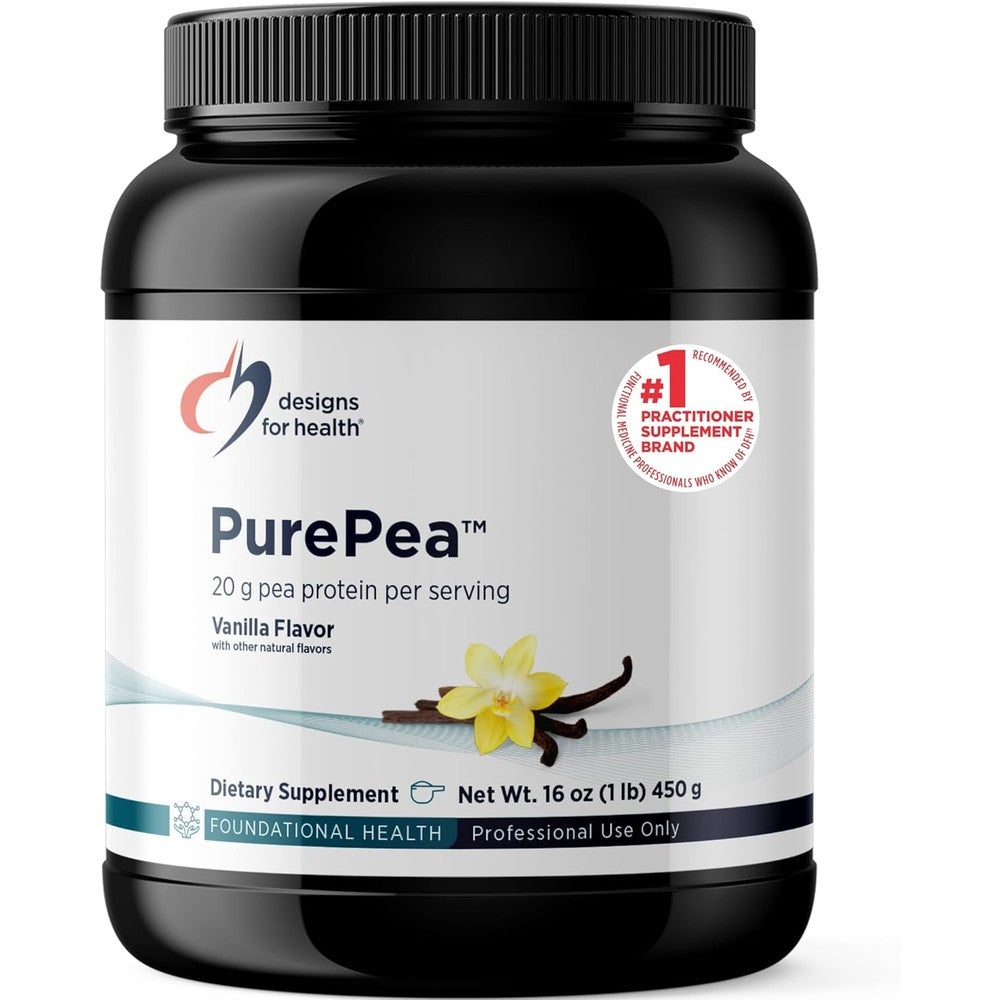 Designs for Health PurePea Vanilla 450g front label showing 20g vegan protein claim.