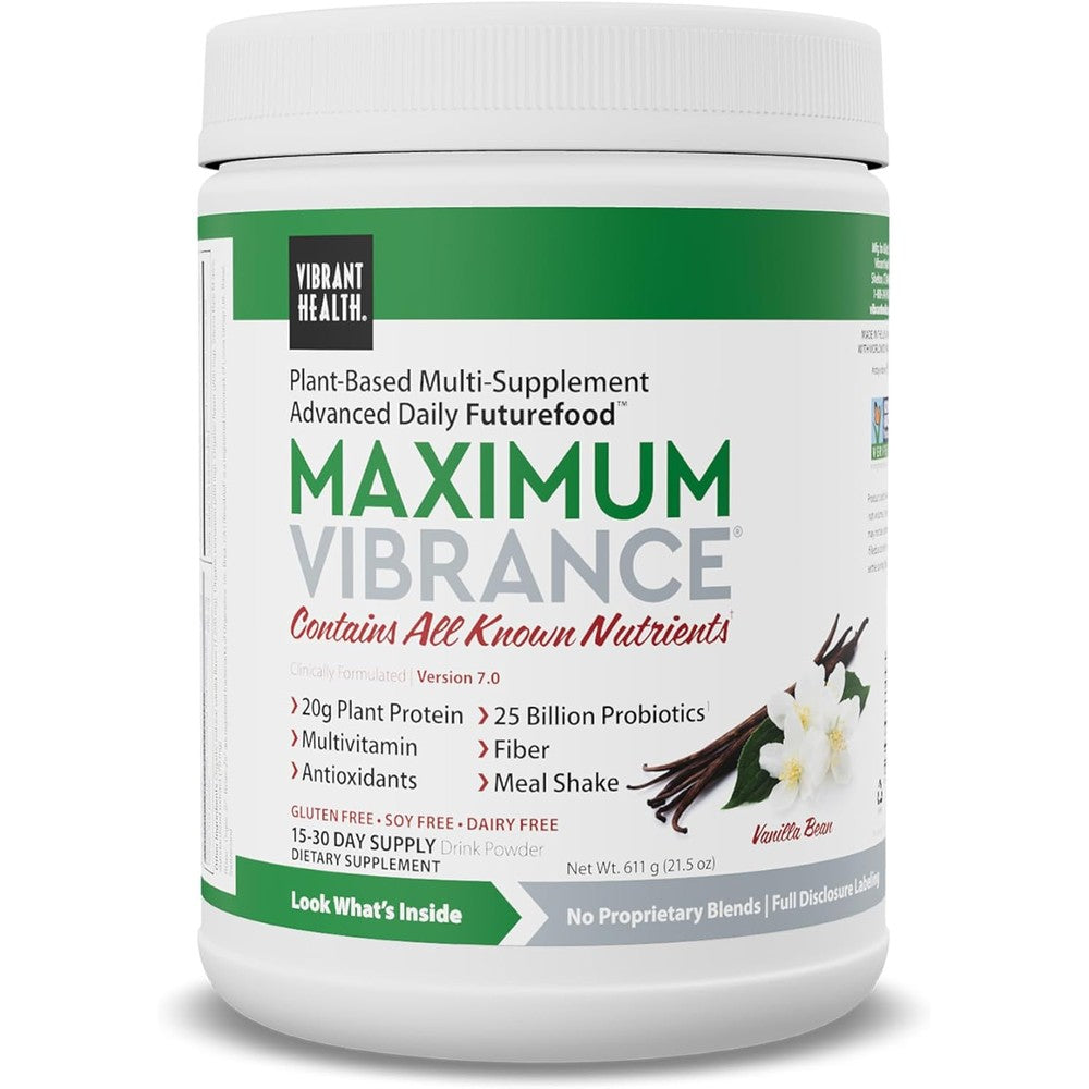 Vibrant Health Maximum Vibrance Vanilla Bean container front view meal replacement shake.