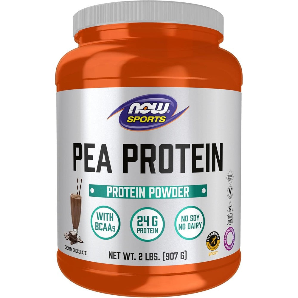 NOW Foods Sports Pea Protein Creamy Chocolate 2 Pound front view showing 24g protein label.