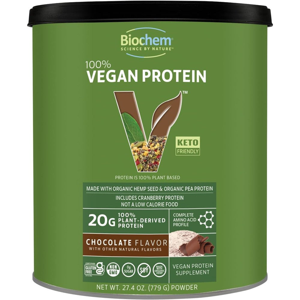 Biochem 100% Vegan Protein chocolate flavor tub front view plant based supplement