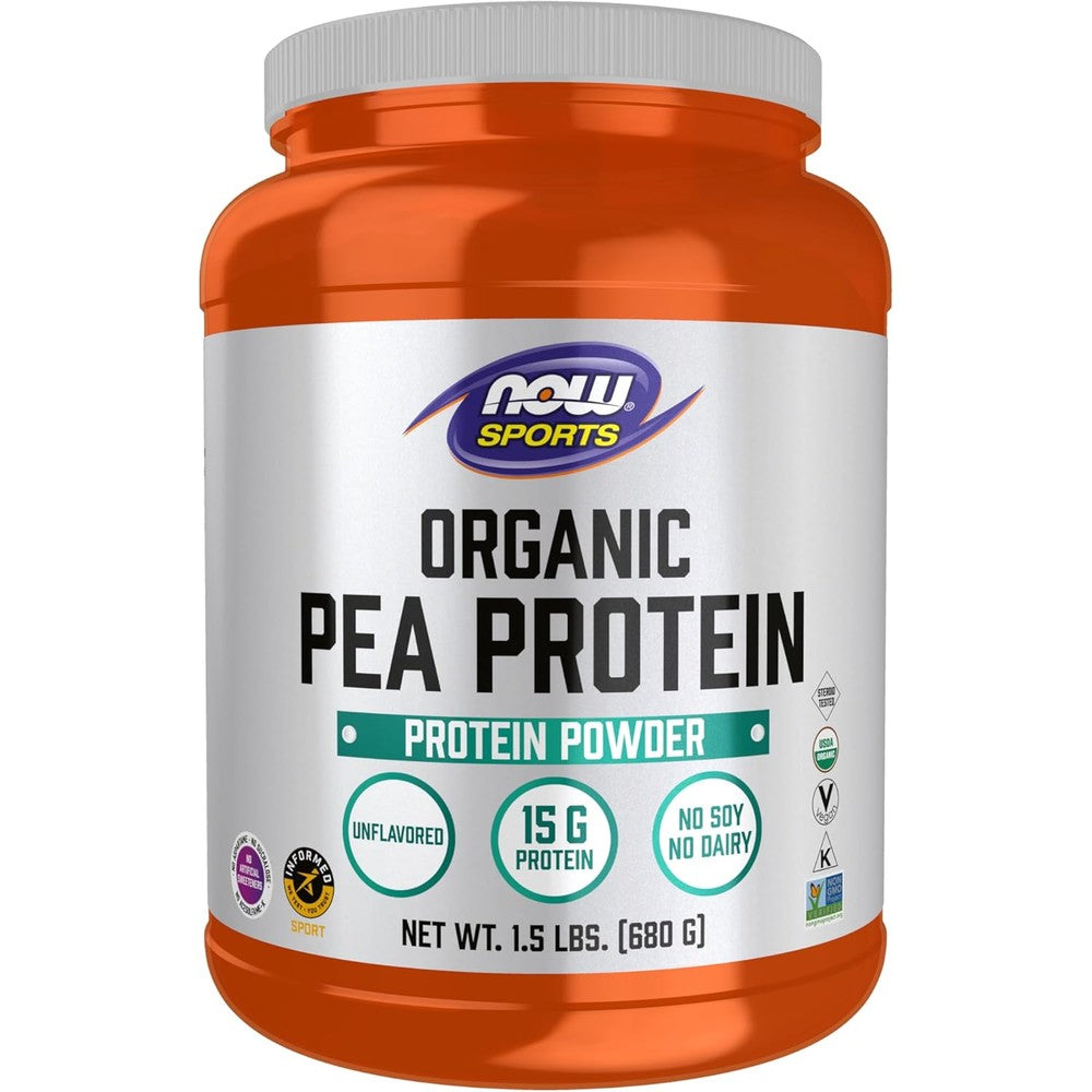 Now Foods Sports Organic Pea Protein front view container showing fifteen grams protein certification labels