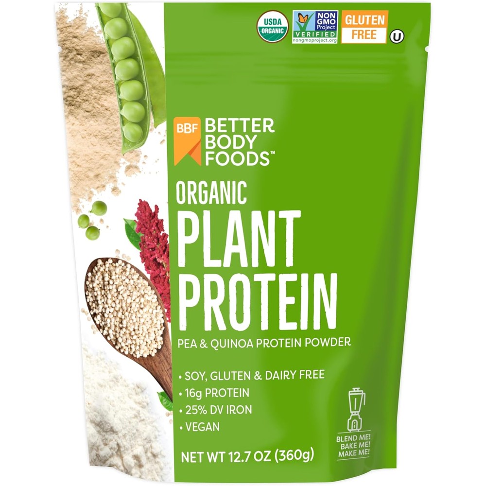 BetterBody Foods Organic Plant Based Protein Powder front pouch view for vegan nutrition.