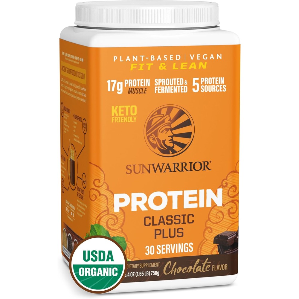 Sunwarrior Classic Plus vegan protein powder chocolate organic 30 servings tub