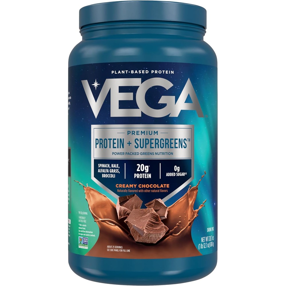 Vega Premium Protein plus Supergreens chocolate vegan powder 25 servings tub