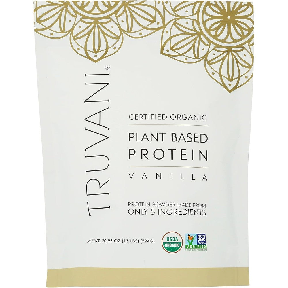 Truvani Organic Plant Based Protein Powder Vanilla front bag view for vegan nutrition.