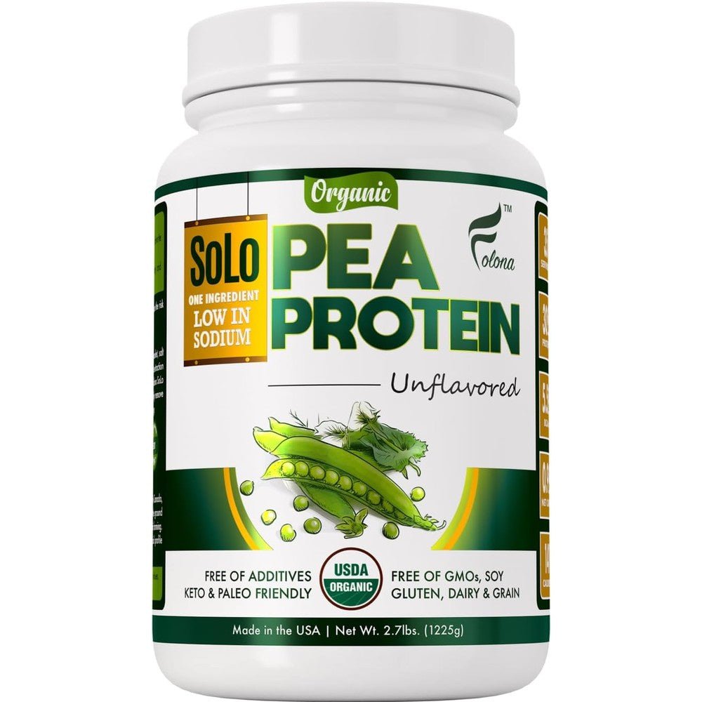 Folona Solo Organic Pea Protein Isolate front view of 2.7 lbs container