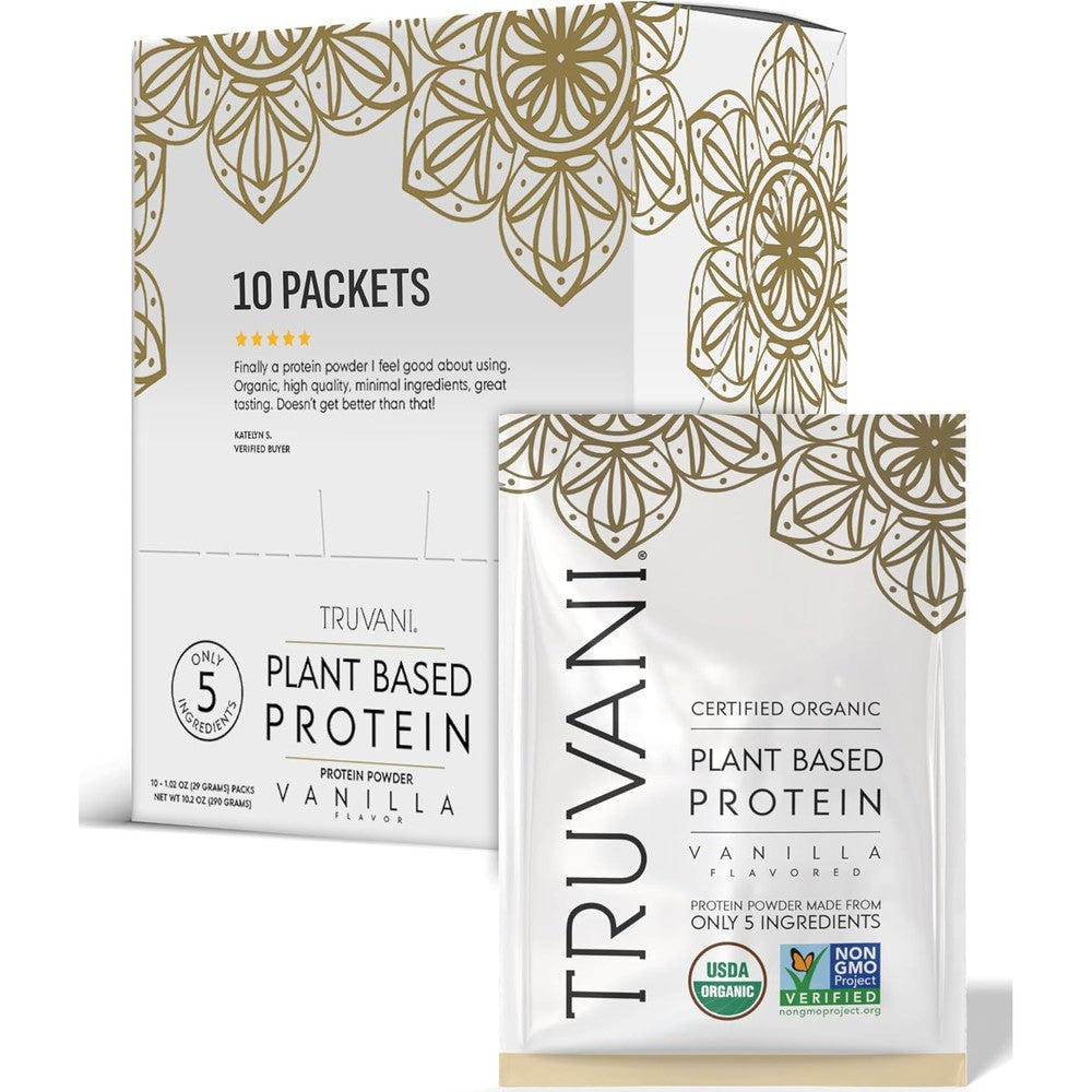 Truvani Organic Vegan Protein Powder Vanilla 10 Single Serving Travel Packets
