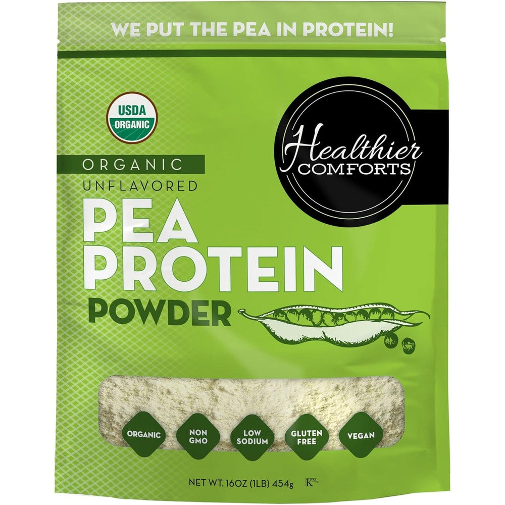Healthier Comforts Organic Pea Protein Powder front view of 1 pound bag for vegan nutrition.