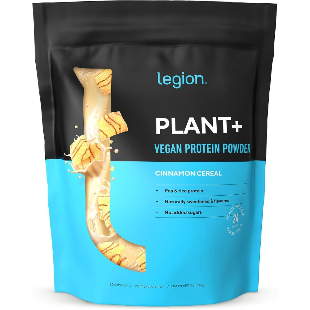LEGION Plant+ Vegan Protein Powder front view cinnamon cereal flavor supplement.