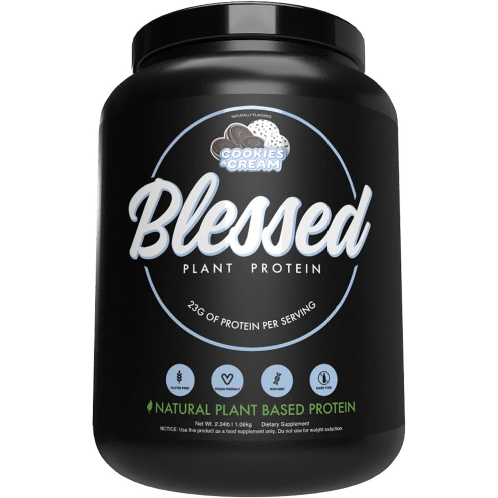 BLESSED Vegan Protein Powder Cookies and Cream tub front view plant based supplement