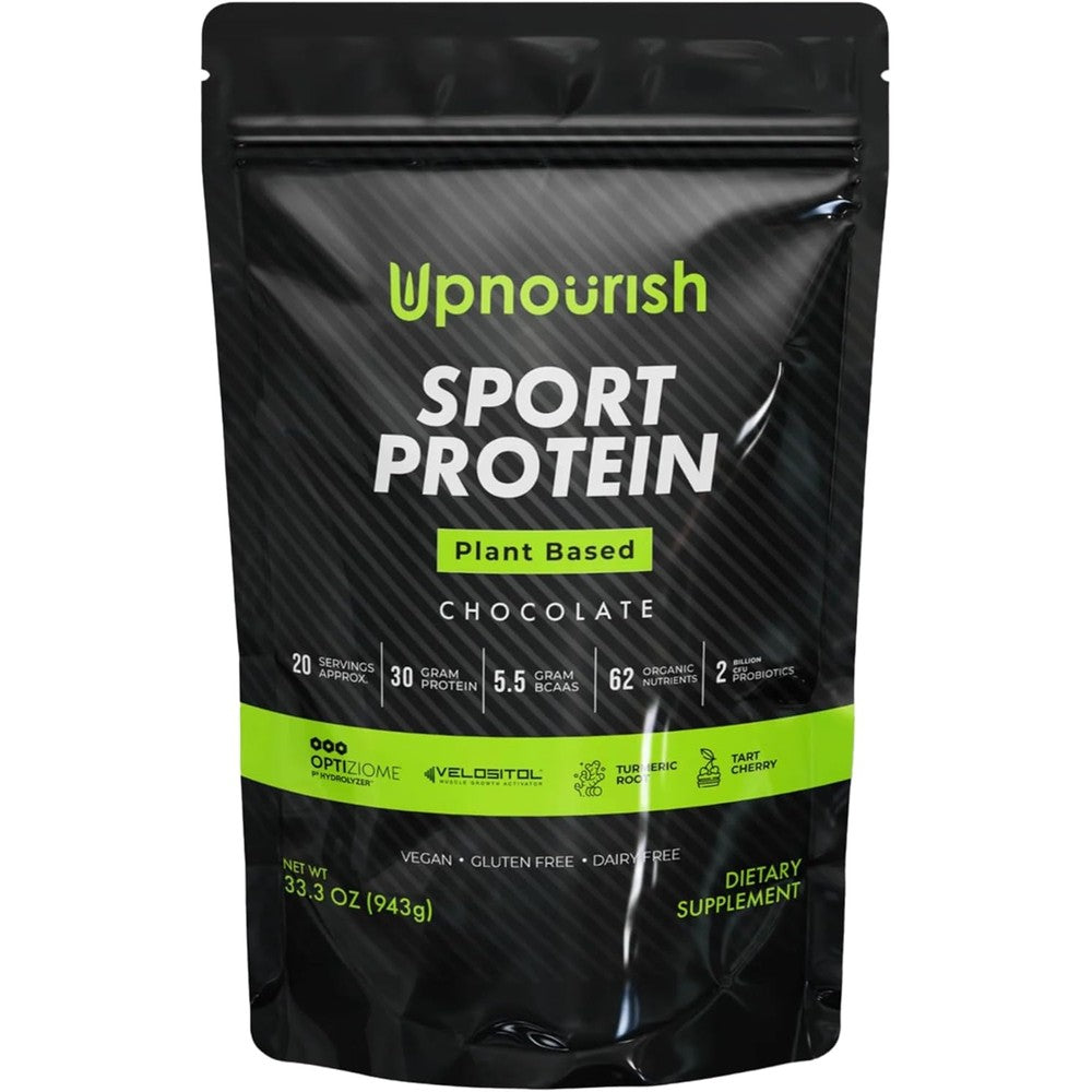 UpNourish Vegan Sport Protein Powder Chocolate front view 20 servings pouch