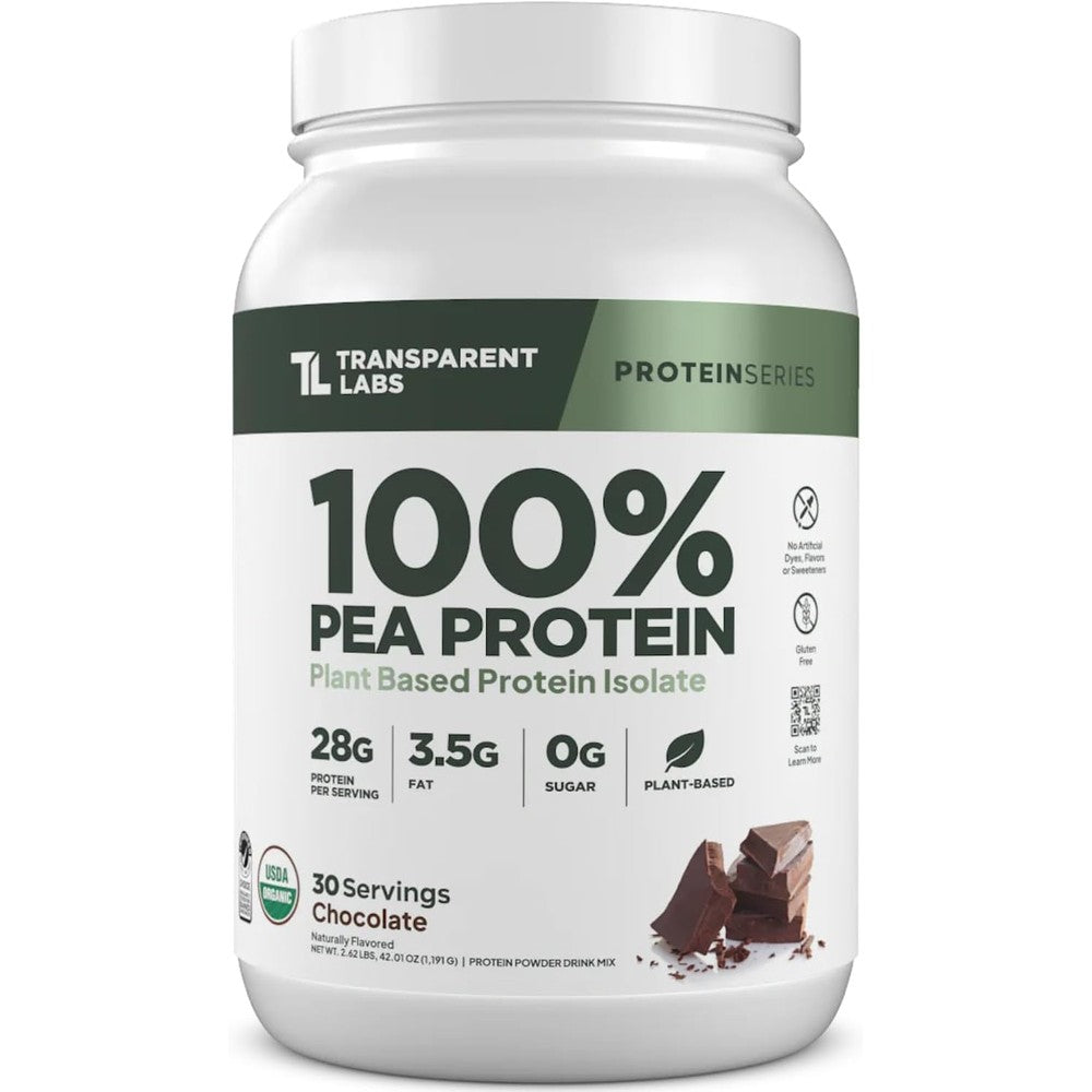 Transparent Labs 100% Pea Protein Powder Chocolate tub front view showing 28g protein label