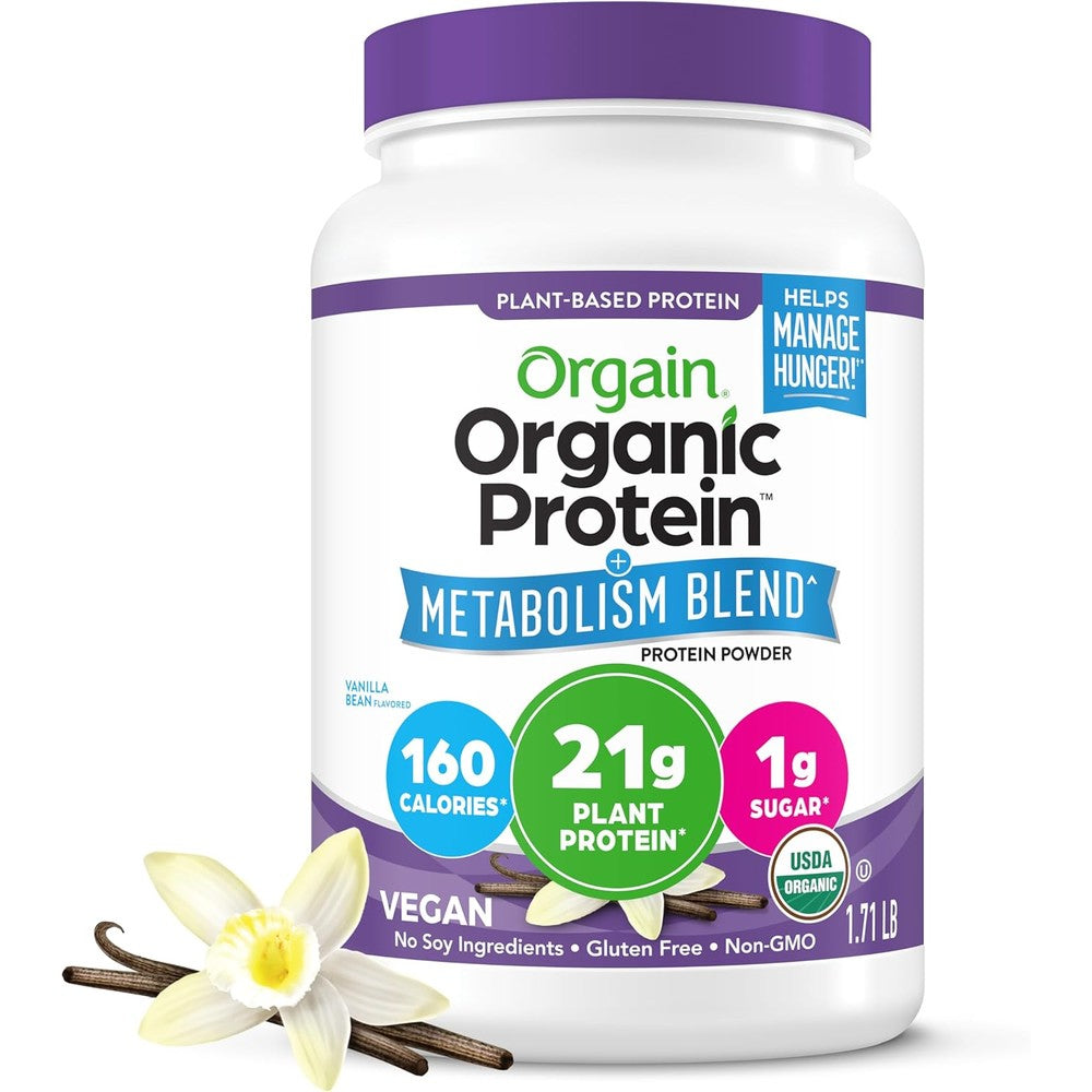 Orgain Organic Protein Metabolism Blend Vanilla Bean front tub view for weight management.