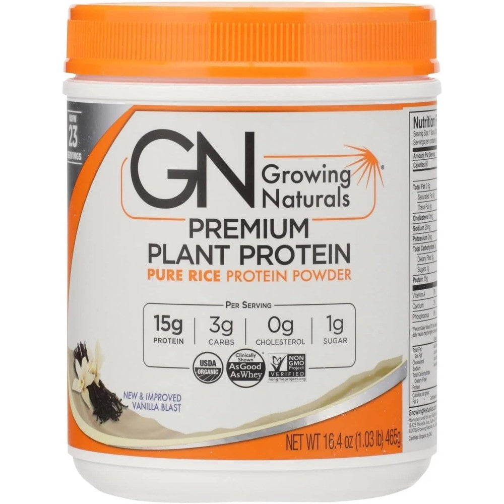 Growing Naturals Organic Rice Protein Isolate Vanilla Blast front view plant based supplement.