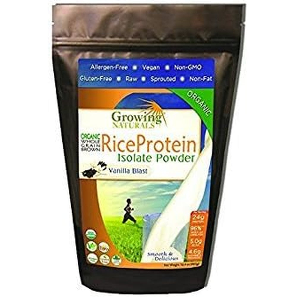 Growing Naturals Organic Rice Protein Vanilla Blast 16.4 Ounce pouch front view plant based supplement.