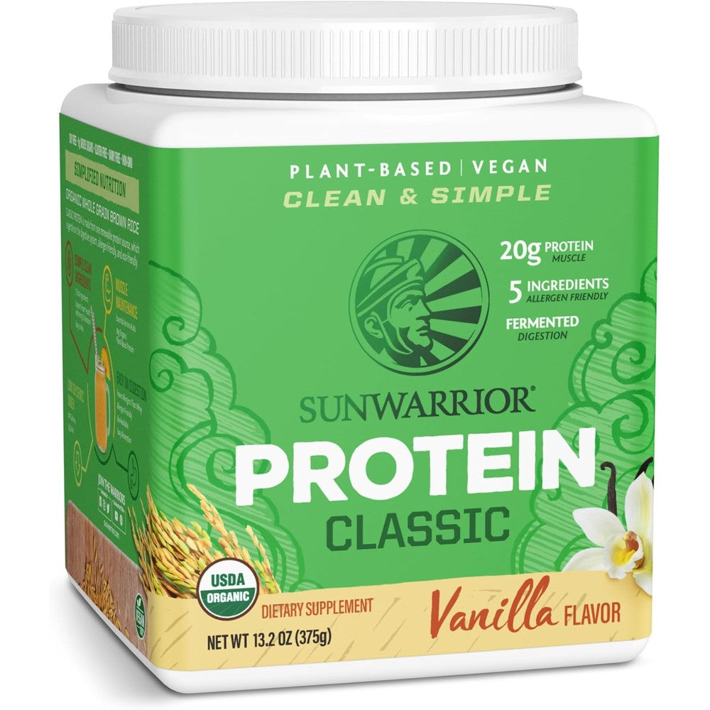 Sunwarrior Classic Sprouted Brown Rice Protein 750g tub front view plant based supplement.