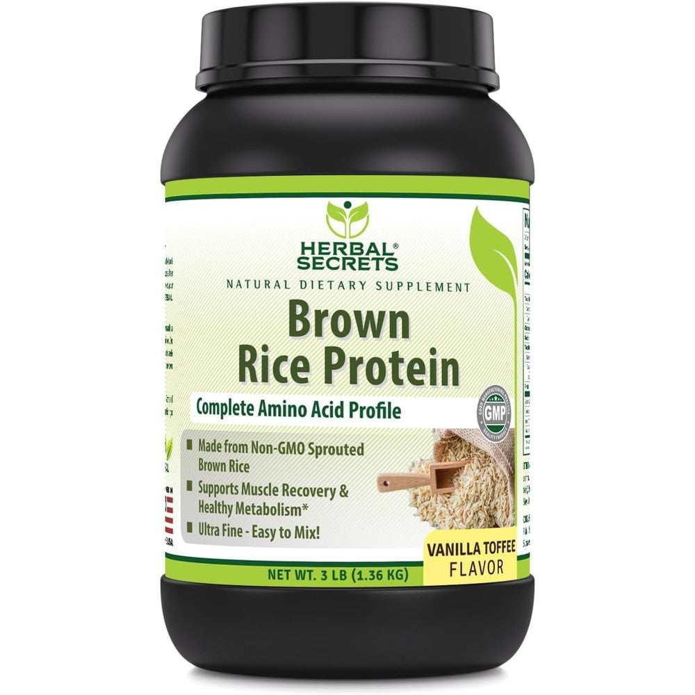Herbal Secrets Brown Rice Protein Powder Vanilla Toffee front view 3 pound tub