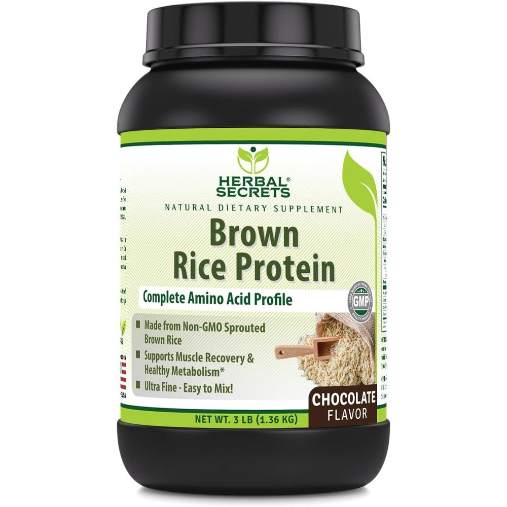Herbal Secrets Brown Rice Protein Supplement 3 Pound tub front view showing chocolate flavor label.