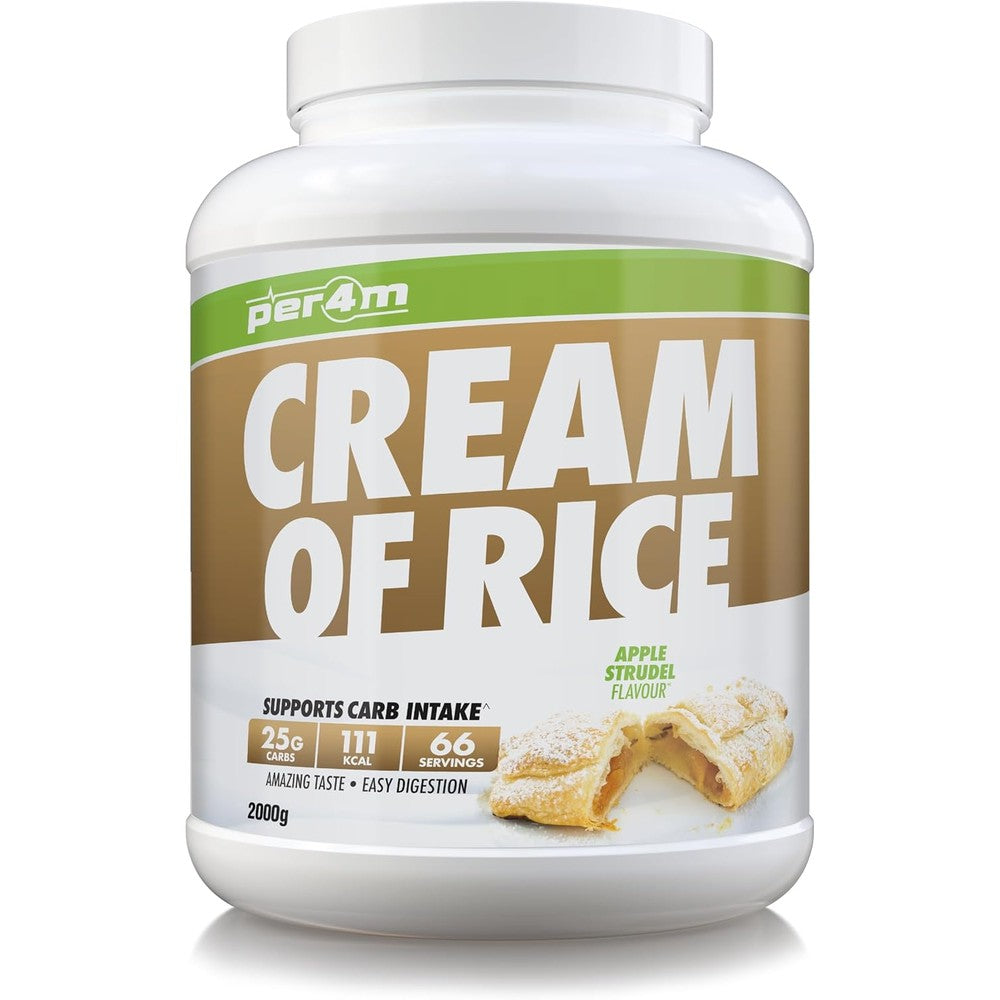 Per4m Nutrition Cream of Rice Apple Strudel 2kg tub front view for bodybuilding energy.