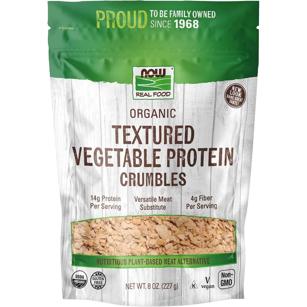 NOW Foods Organic Textured Soy Protein Granules front packaging showing 14g protein per serving.