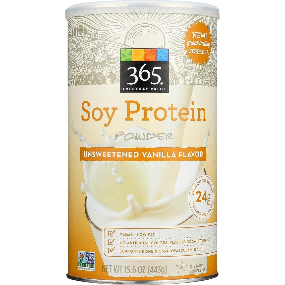 365 Everyday Value Soy Protein Powder front view of 15.63 ounce container.