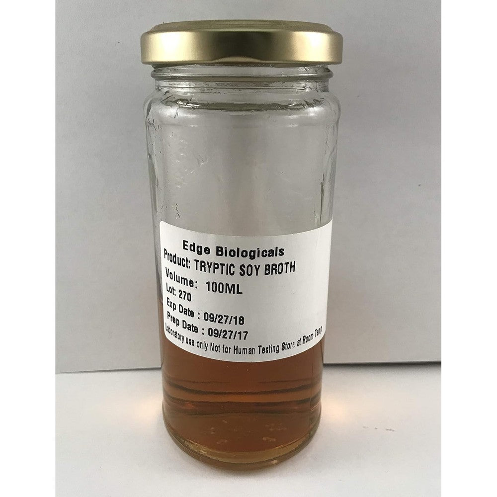 Edge Biologicals Tryptic Soy Broth 100mL sterile bottle front view for laboratory microbiology.