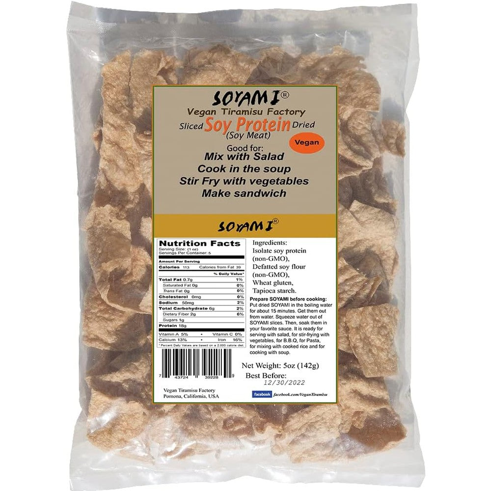 Soyami Soy Protein Meat Substitute front packaging showing dried vegan slices.