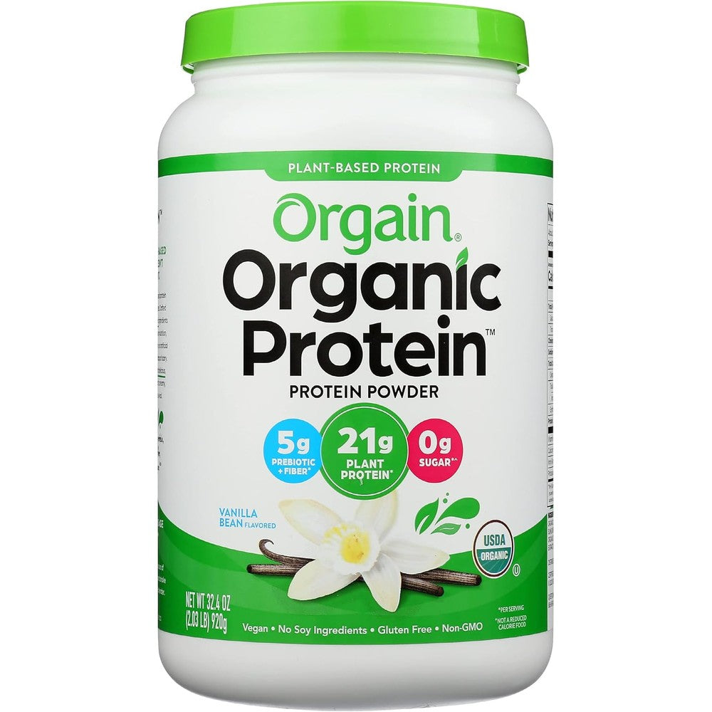 Orgain Organic Plant Based Protein Powder Vanilla Bean front view vegan nutrition